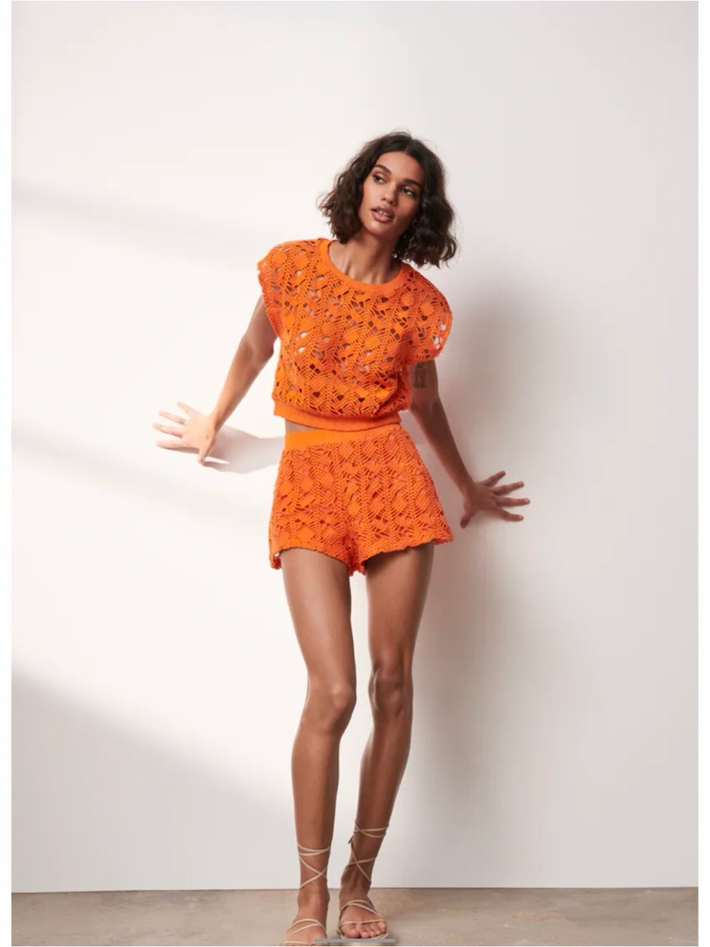 Zara Orange Crochet Knit Matching Top & Shorts